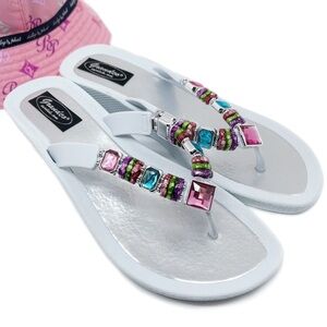 Grandco Jeweled Wedge Thong Sandals White Size 10